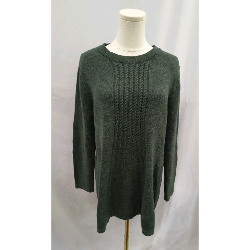 Soft Surroundings Sweater Tunic Length Cable Knit Wool Blend Crew Neck Green  L
